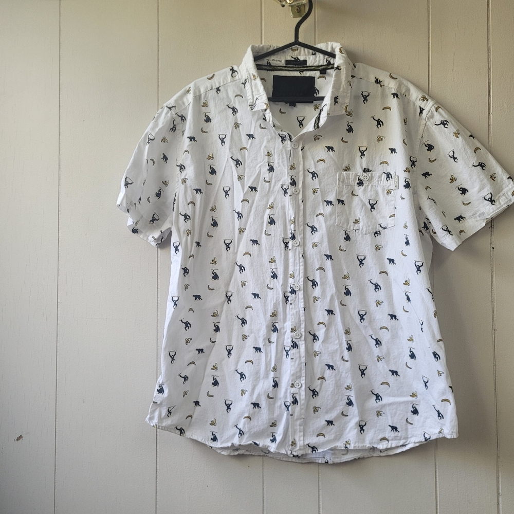 SOULSTAR Monkey and Banana Short Sleeve Button-up Shirt XL Slim Fit Cotton
